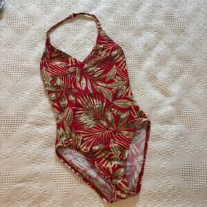 Catalina Size Medium Women’s Ribbed Red & tan tropical palm leaf swimsuit